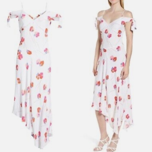Lewit Tie Sleeve Off Shoulder Floral Asymmetrical Maxi Dress White Pink Size 8 - Picture 3 of 16
